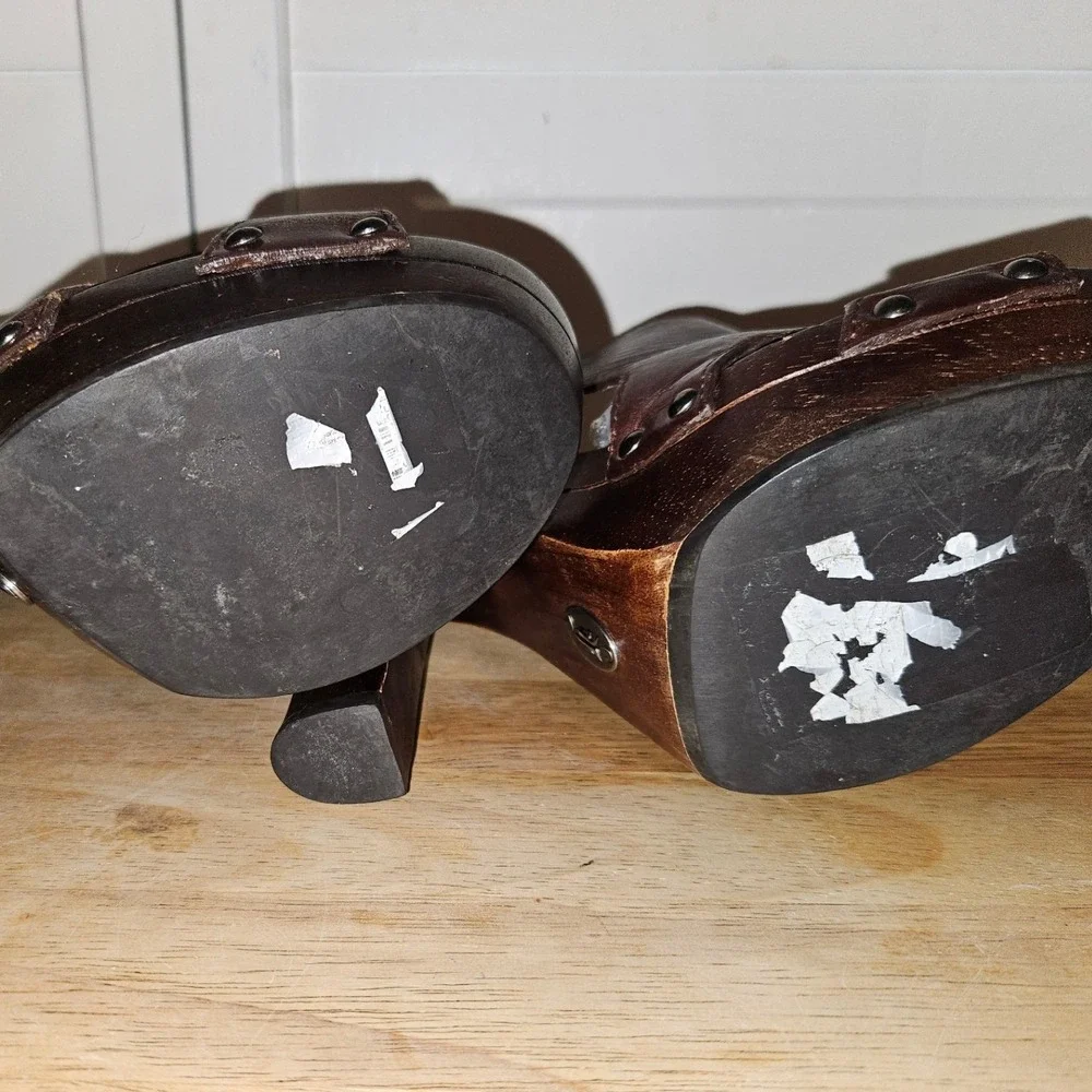 Frye Dara‎ Slingback Dark Brown Leather Wooden Platform Block Heel Sandals 7M